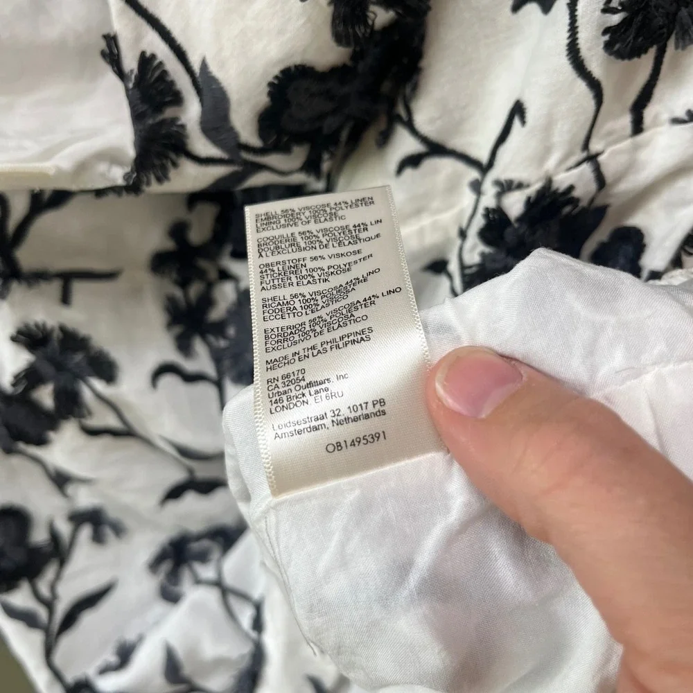 Anthropologie‎ Black White Floral Embroidered Linen Puff Sleeve Top US 14